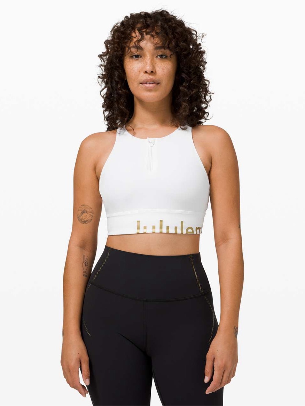 lululemon athletica White High-Neck Zip Sports Bra with Gold Logo Band